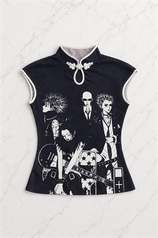 Siyah Anime Nana Qipao Vintage Y2K Kısa Kollu Crop