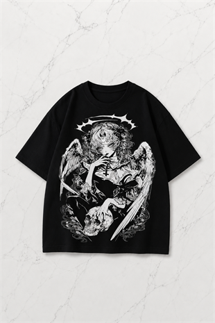 Siyah Anime Winged Gothic Kısa Kol Oversize T-Shirt