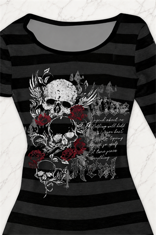 Siyah Antrasit Çizgili Skull Red Rose Gotik Y2K Uzun Kollu Crop