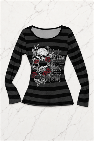 Siyah Antrasit Çizgili Skull Red Rose Gotik Y2K Uzun Kollu Crop