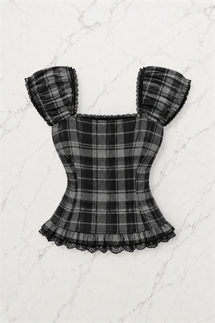 Siyah Antrasit Ekoseli Vintage Dantelli Kare Yaka Y2K Kısa Kollu Crop