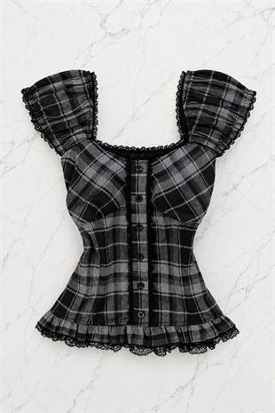 Siyah Antrasit Ekoseli Vintage Dantelli Kare Yaka Y2K Kısa Kollu Crop