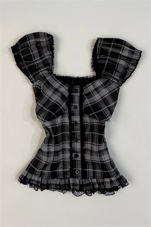 Siyah Antrasit Ekoseli Vintage Dantelli Kare Yaka Y2K Kısa Kollu Crop