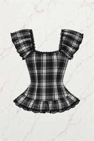 Siyah Beyaz Ekoseli Vintage Dantelli Kare Yaka Y2K Kısa Kollu Crop