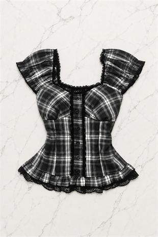 Siyah Beyaz Ekoseli Vintage Dantelli Kare Yaka Y2K Kısa Kollu Crop