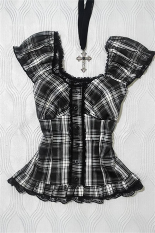 Siyah Beyaz Ekoseli Vintage Dantelli Kare Yaka Y2K Kısa Kollu Crop