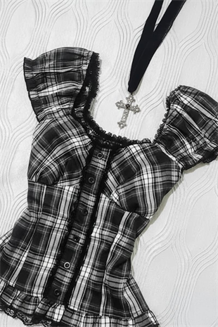 Siyah Beyaz Ekoseli Vintage Dantelli Kare Yaka Y2K Kısa Kollu Crop