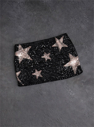 Siyah Beyaz Star Pul Sim Detaylı Şort Etek