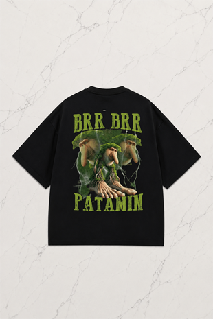 Siyah Brr Brr Patamin Baskılı Yıkamalı Vintage Unisex Oversize T-Shirt