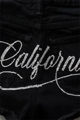 Siyah California Taşlı Y2K Mini Şort