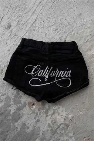 Siyah California Taşlı Y2K Mini Şort