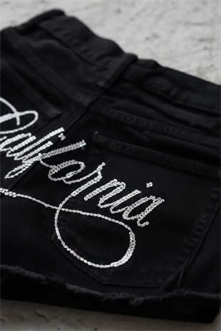 Siyah California Taşlı Y2K Mini Şort