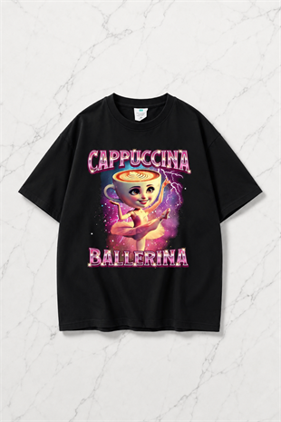 Siyah Cappuccino Ballerina Baskılı Yıkamalı Vintage Unisex Oversize T-Shirt