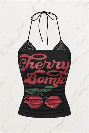 Siyah Cherry Bomb Dantelli Ek Askılı Crop