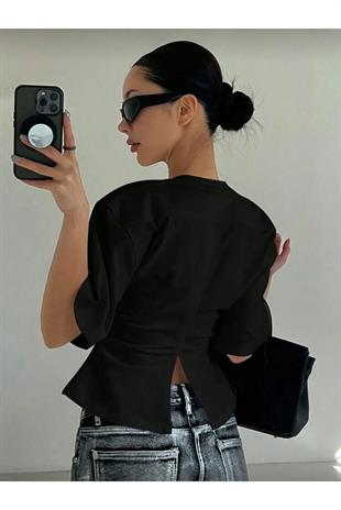 Siyah Chic Yırtmaç Detaylı Bluz