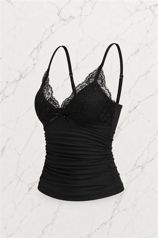 Siyah Dantel Detaylı Fiyonklu Y2K Askılı Crop