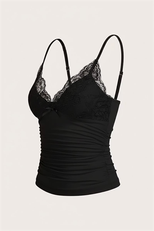 Siyah Dantel Detaylı Fiyonklu Y2K Askılı Crop