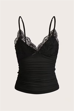 Siyah Dantel Detaylı Fiyonklu Y2K Askılı Crop