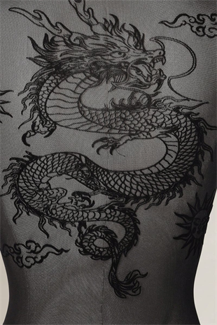 Siyah Dragon Baskılı Sırtı Tansparan Kısa Kollu Çıtçıtlı Body