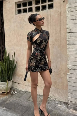 Siyah Dragon Desenli Qipao Y2K Elbise