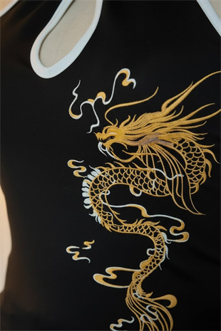 Siyah Dragon Embroidered Keyhole Harajuku Asian Y2K Askılı Crop