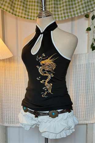 Siyah Dragon Embroidered Keyhole Harajuku Asian Y2K Askılı Crop