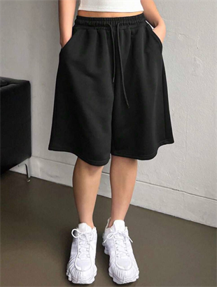 Siyah Elas Basic Unisex Baggy Şort