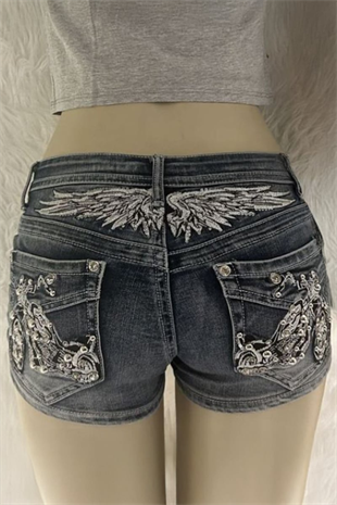 Siyah Eskitme Taşlı Chopper Y2K Kot Mini Şort