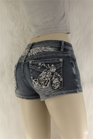 Siyah Eskitme Taşlı Chopper Y2K Kot Mini Şort