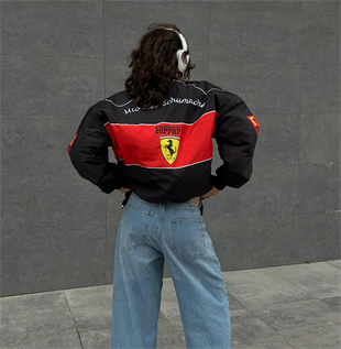 Siyah F1 Ferrari Racing Retro Unisex Bomber Ceket