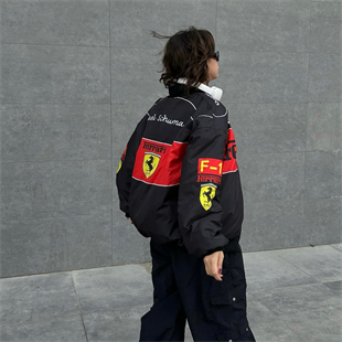 Siyah F1 Ferrari Racing Retro Unisex Bomber Ceket
