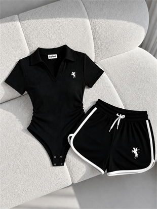 Siyah Fit Polo Yaka Bodysuit Şort Takım