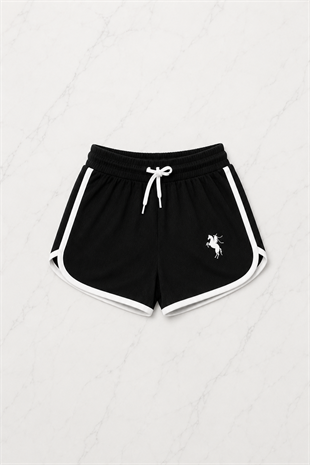 Siyah Fit Polo Yaka Bodysuit Şort Takım