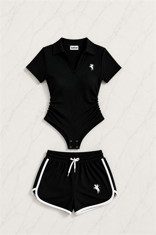Siyah Fit Polo Yaka Bodysuit Şort Takım