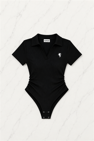 Siyah Fit Polo Yaka Bodysuit Şort Takım