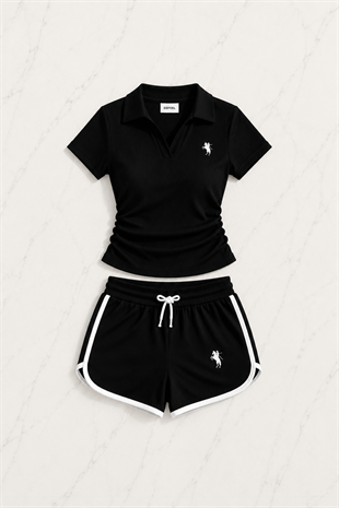Siyah Fit Polo Yaka Şort Takım