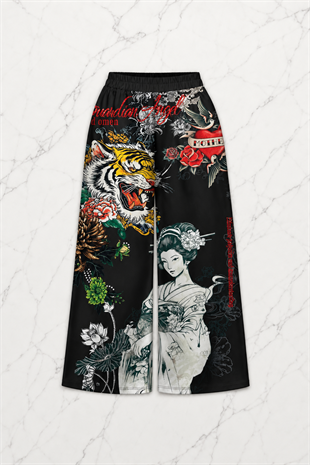 Siyah Flower And Tiger Detaylı Avant Dijital Baskı Eşofman Altı
