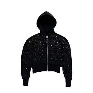 Siyah Galaxy Taşlı Kapüşonlu Crop Hırka