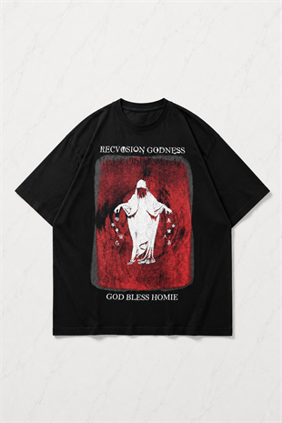 Siyah Godness Ghost Baskılı Kısa Kol Oversize T-Shirt