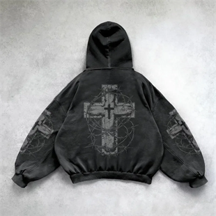 Black Gothic Barbed Wire Heart Cross Kapüşonlu Sweatshirt