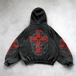 Red Gothic Barbed Wire Heart Cross Kapüşonlu Sweatshirt
