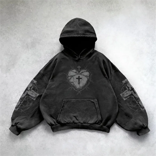 Black Gothic Barbed Wire Heart Cross Kapüşonlu Sweatshirt