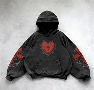 Red Gothic Barbed Wire Heart Cross Kapüşonlu Sweatshirt