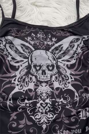 Siyah Gotik Skull Butterfly Wings Y2K Askılı Crop