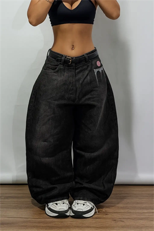 Siyah Grafiti Yıkamalı Harajuku Baggy Y2K Pantolon