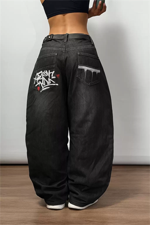 Siyah Grafiti Yıkamalı Harajuku Baggy Y2K Pantolon