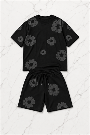 Siyah Gri Çiçek Detaylı Oversize T-shirt & Şort Takım