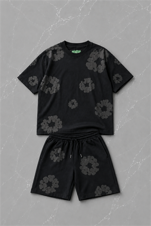 Siyah Gri Çiçek Detaylı Oversize T-shirt & Şort Takım