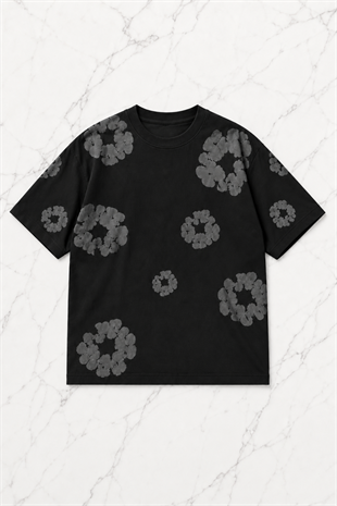 Siyah Gri Çiçek Detaylı Oversize T-shirt & Şort Takım