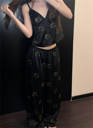 Siyah Hello Kitty Taş Detaylı Saten Homewear Pijama Takımı